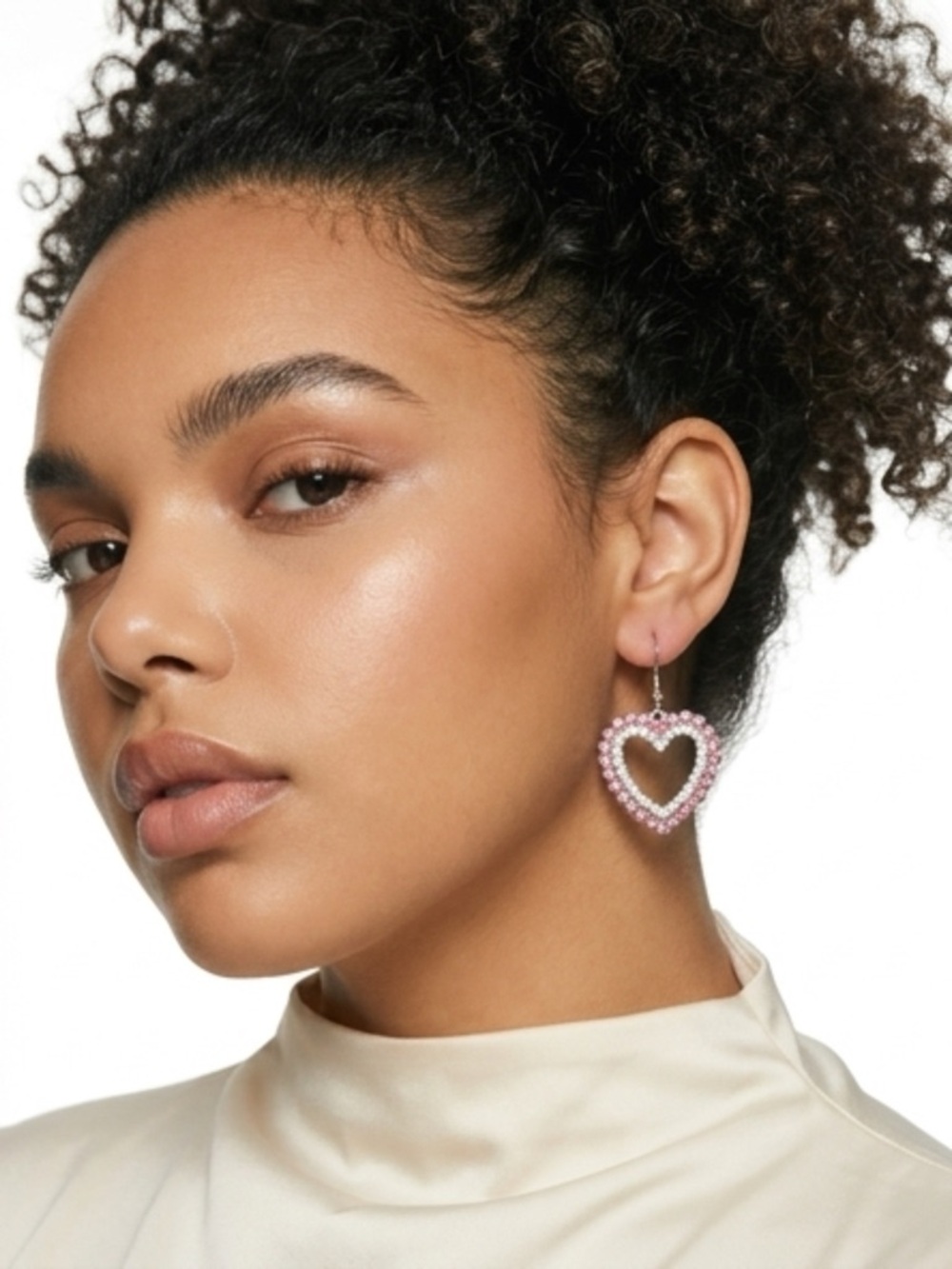 Pink and Clear Crystal Glass and Silver Heart Hoop Earrings